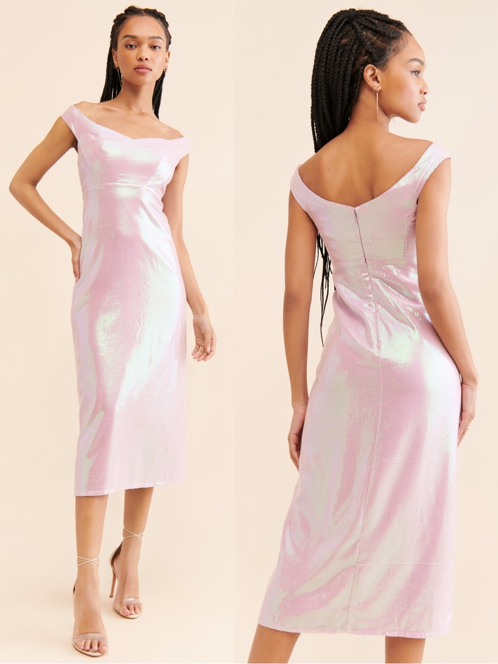Anthropologie Let Me Be Lavender Iridescent Off Shoulder Sequin Midi Dress XS